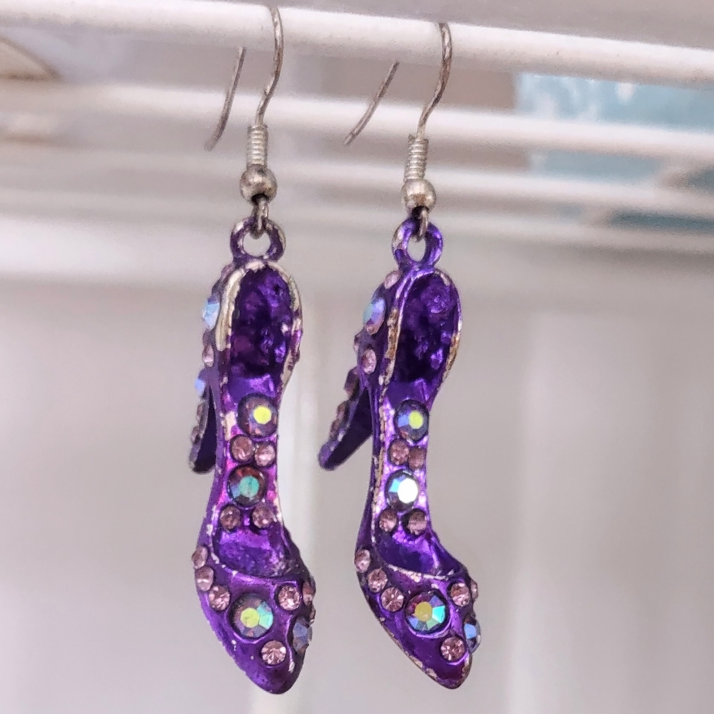 Purple Enamel Rhinestone Embellished Shoes Pierced Dangling Earrings